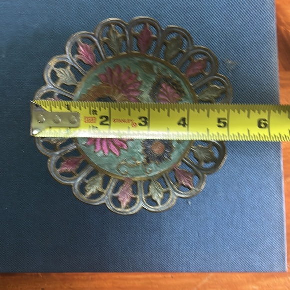 Vintage 5 In Closseine Pedestal Trinket Dish Lace Edge Orange Blue Green - Picture 8 of 8